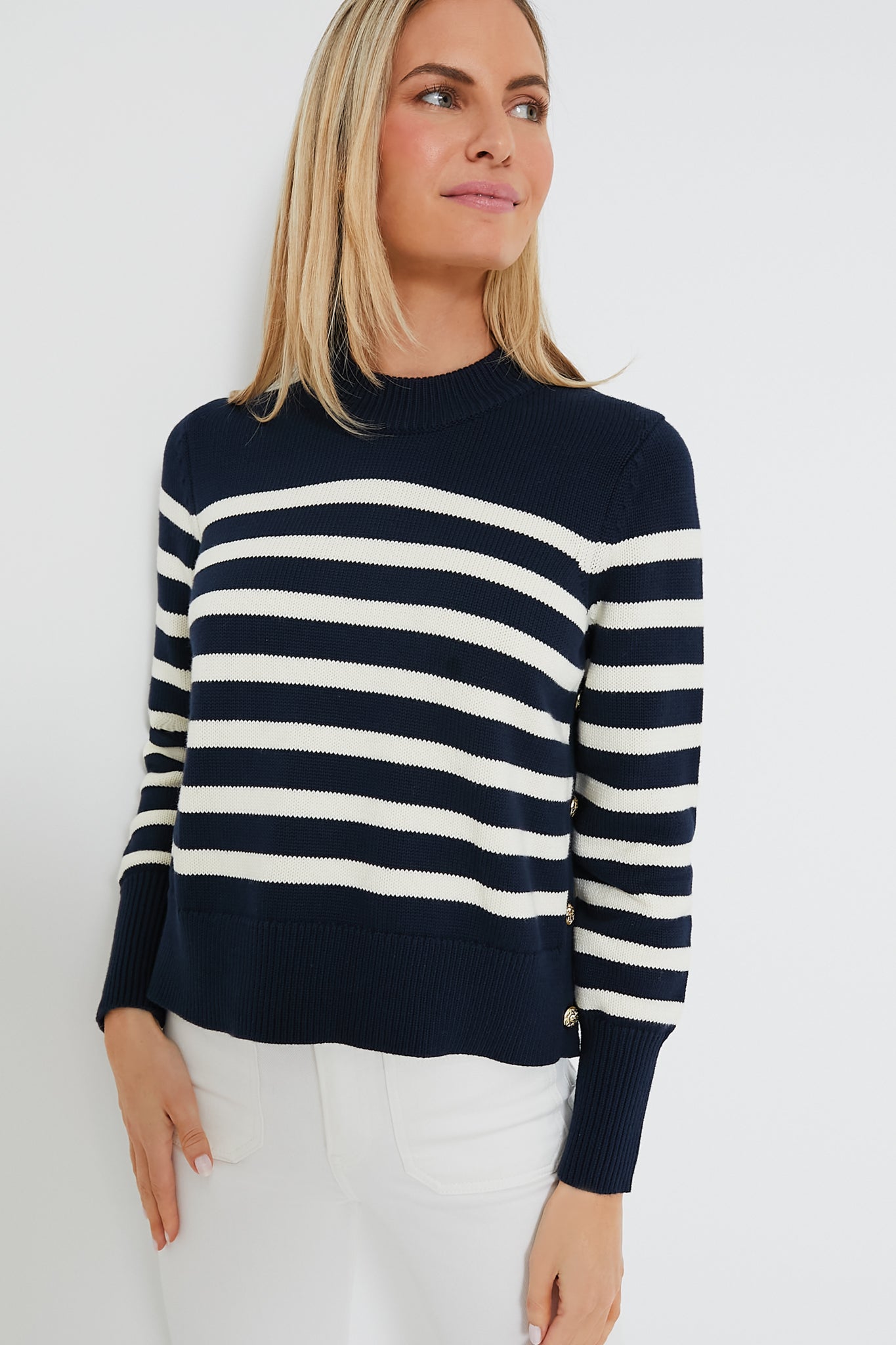 Navy and Ivory Striped Cropped Bexley Sweater | Tuckernuck