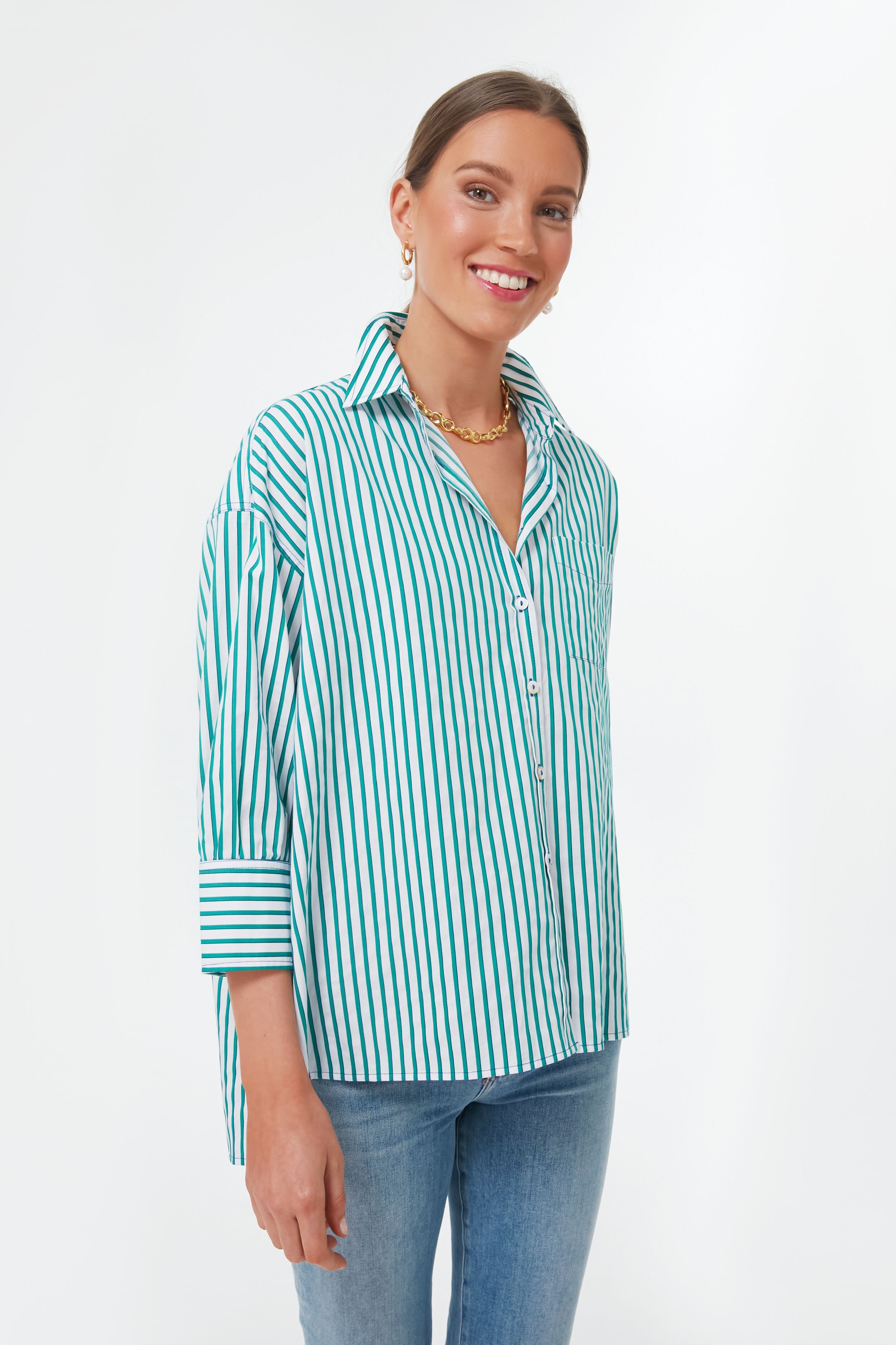 Green Striped Adair Boyfriend Shirt | Pomander Place