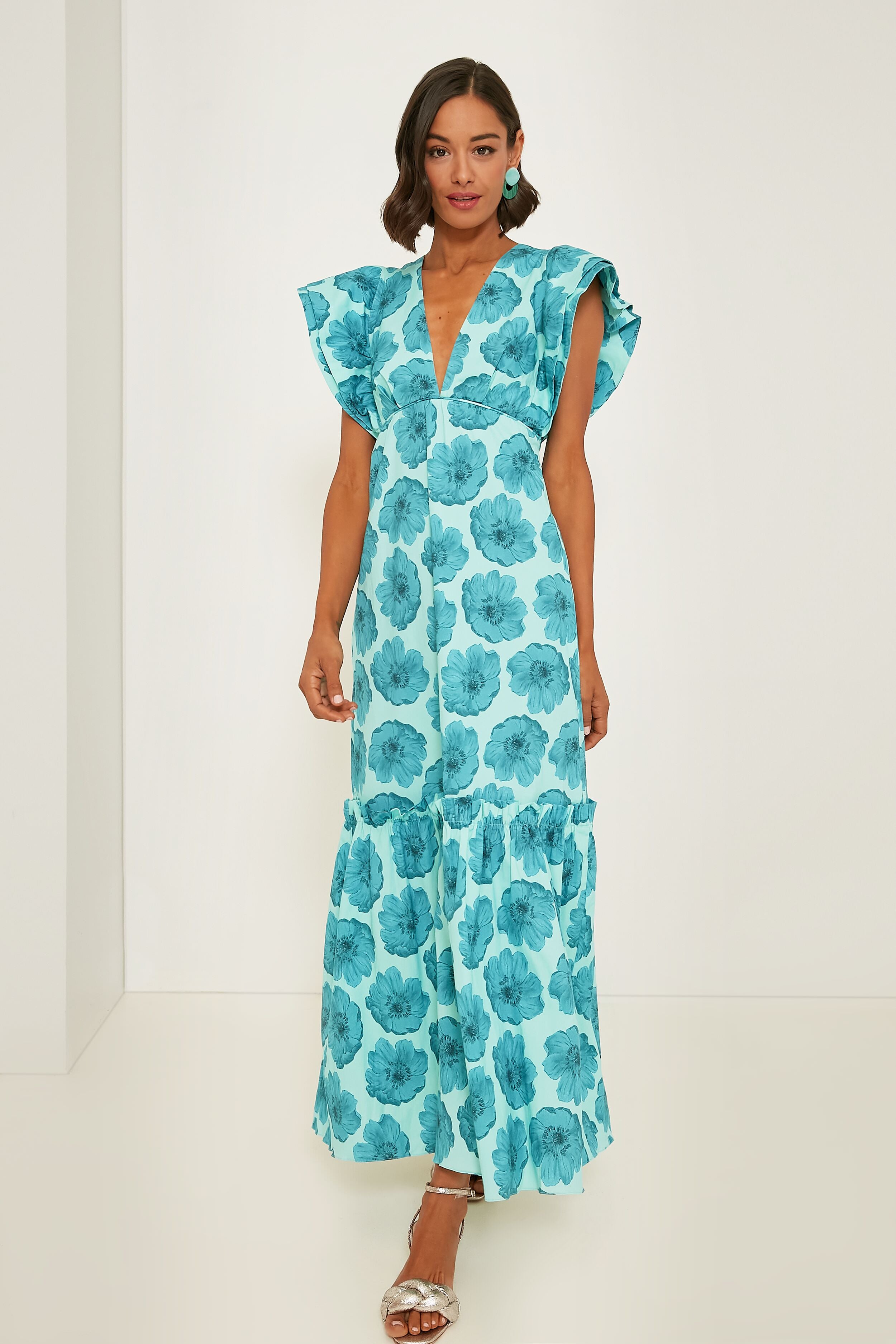 Turquoise Floral Classic Ruffled Long Dress | ADRIANA DEGREAS