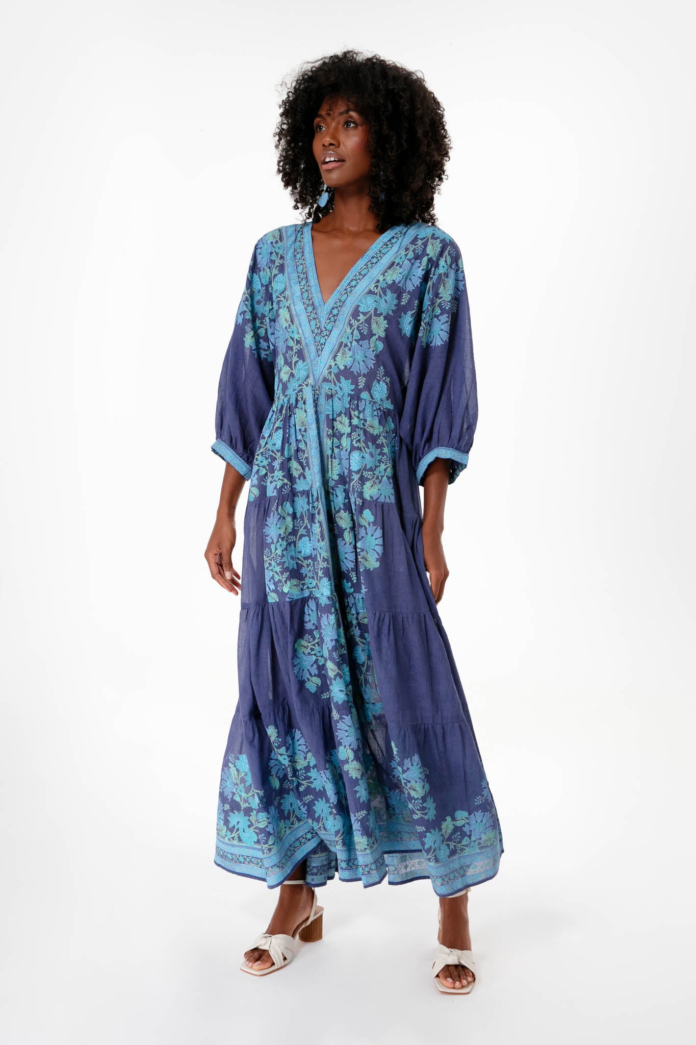 Indigo Rose Border V Neck Maxi Dress | Juliet Dunn