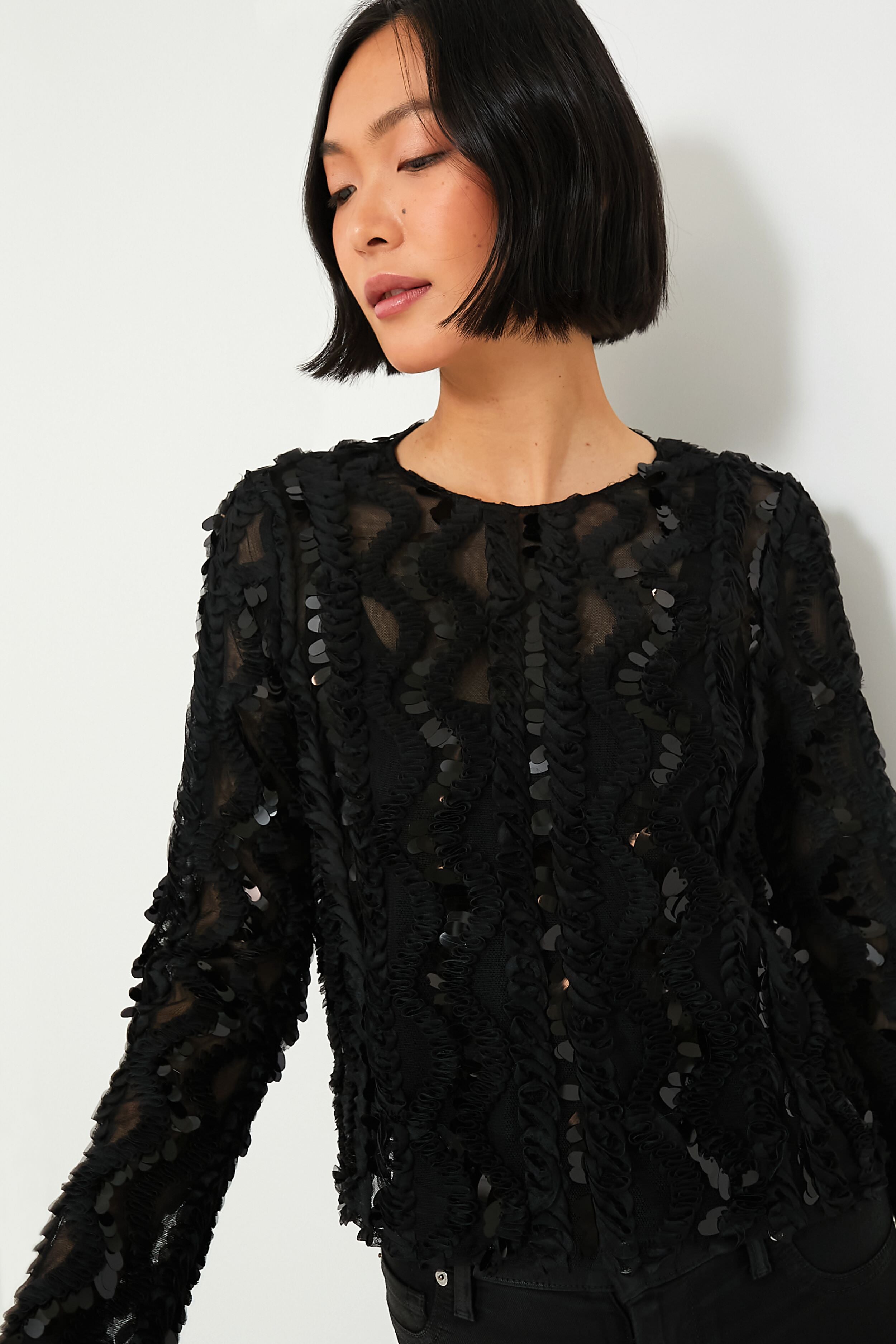 Black Sheer Sequined Long Sleeve Sutton Blouse | Hyacinth House
