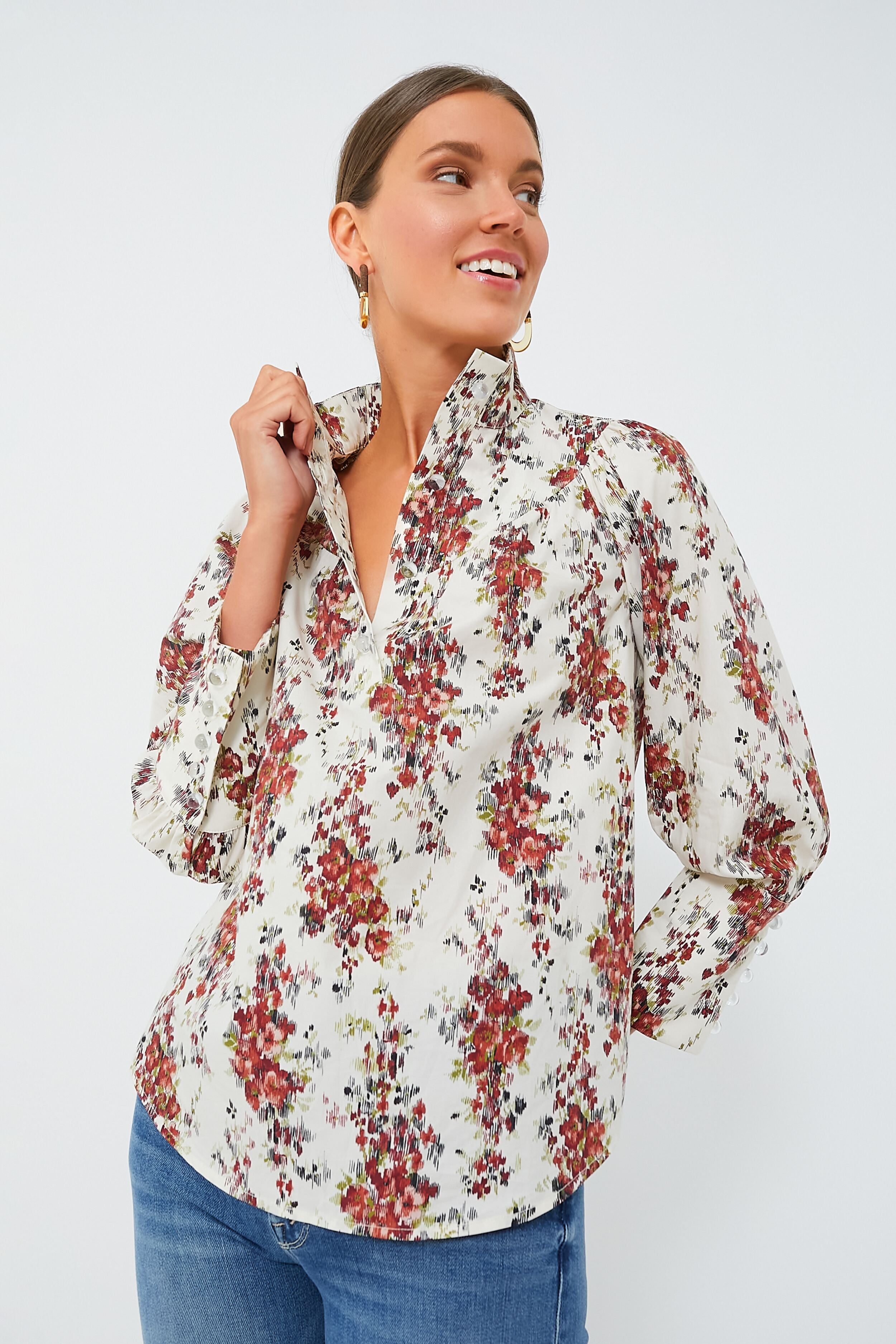 Cerise Falling Flowers Bouquet Corrigan Blouse | Tuckernuck