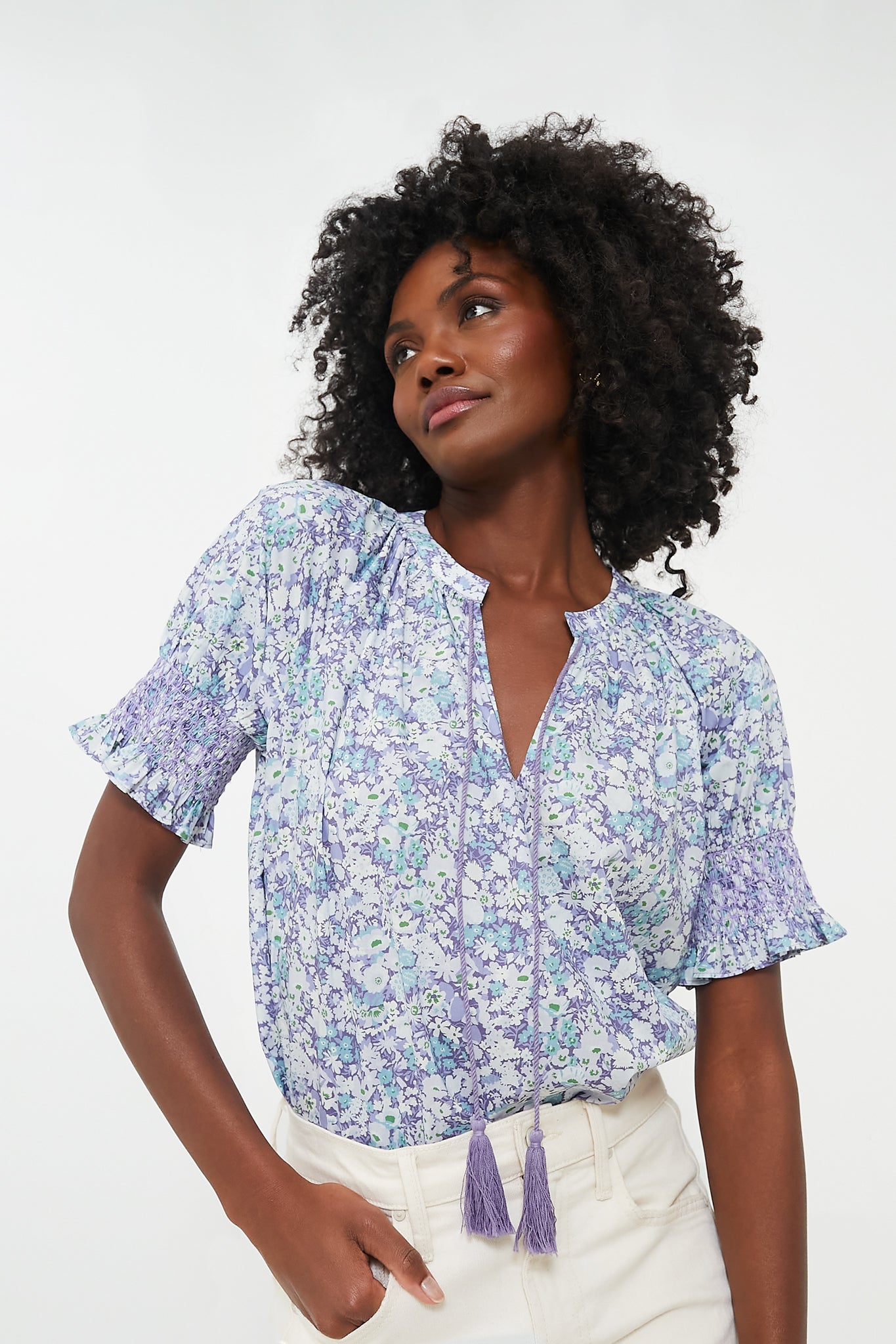 Purple and Blue Floral V-Neck Colleen Blouse | Hyacinth House