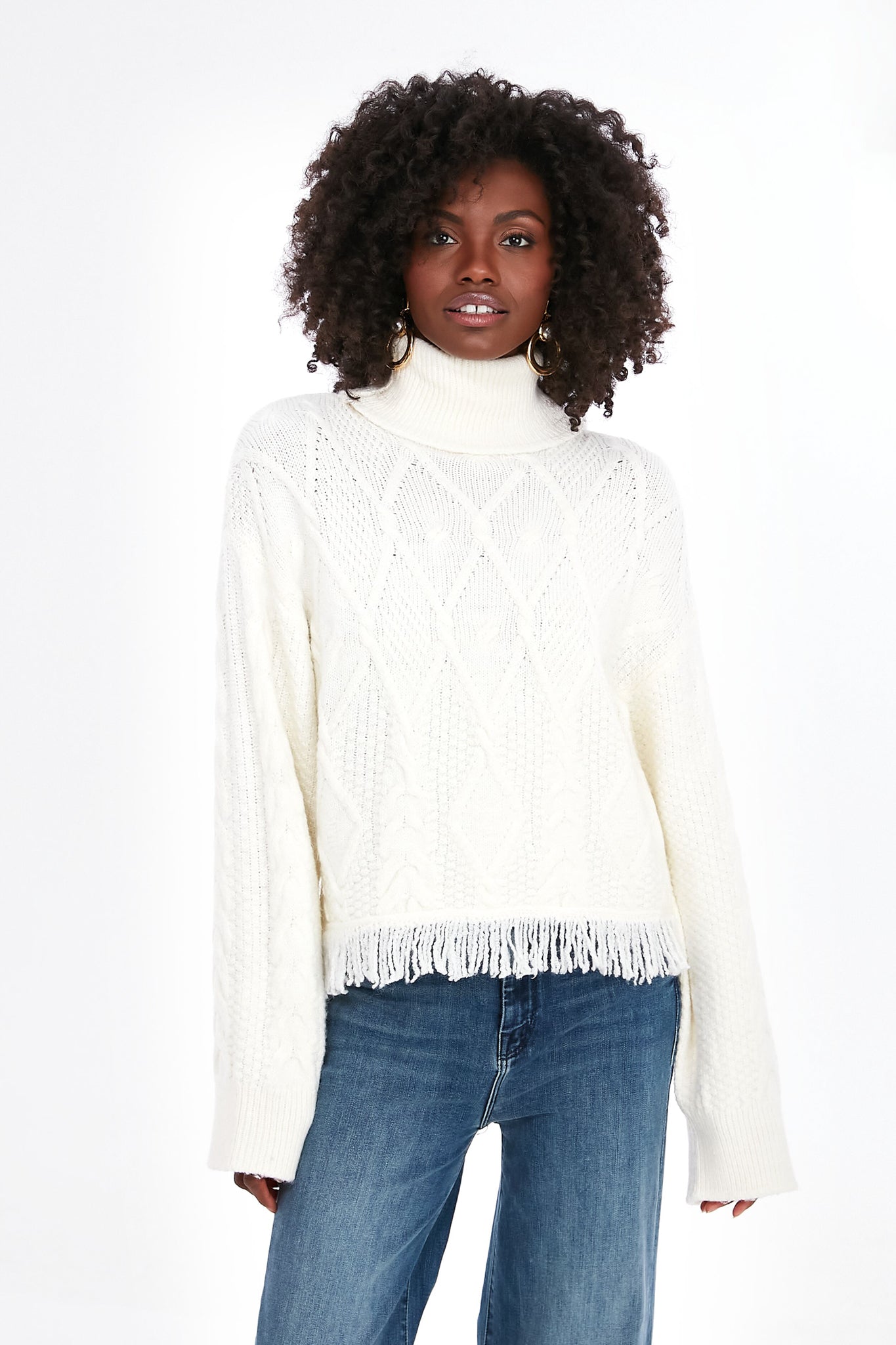 Cream Cable Pattern Turtleneck Fringe Sweater | Moon River | Tuckernuck