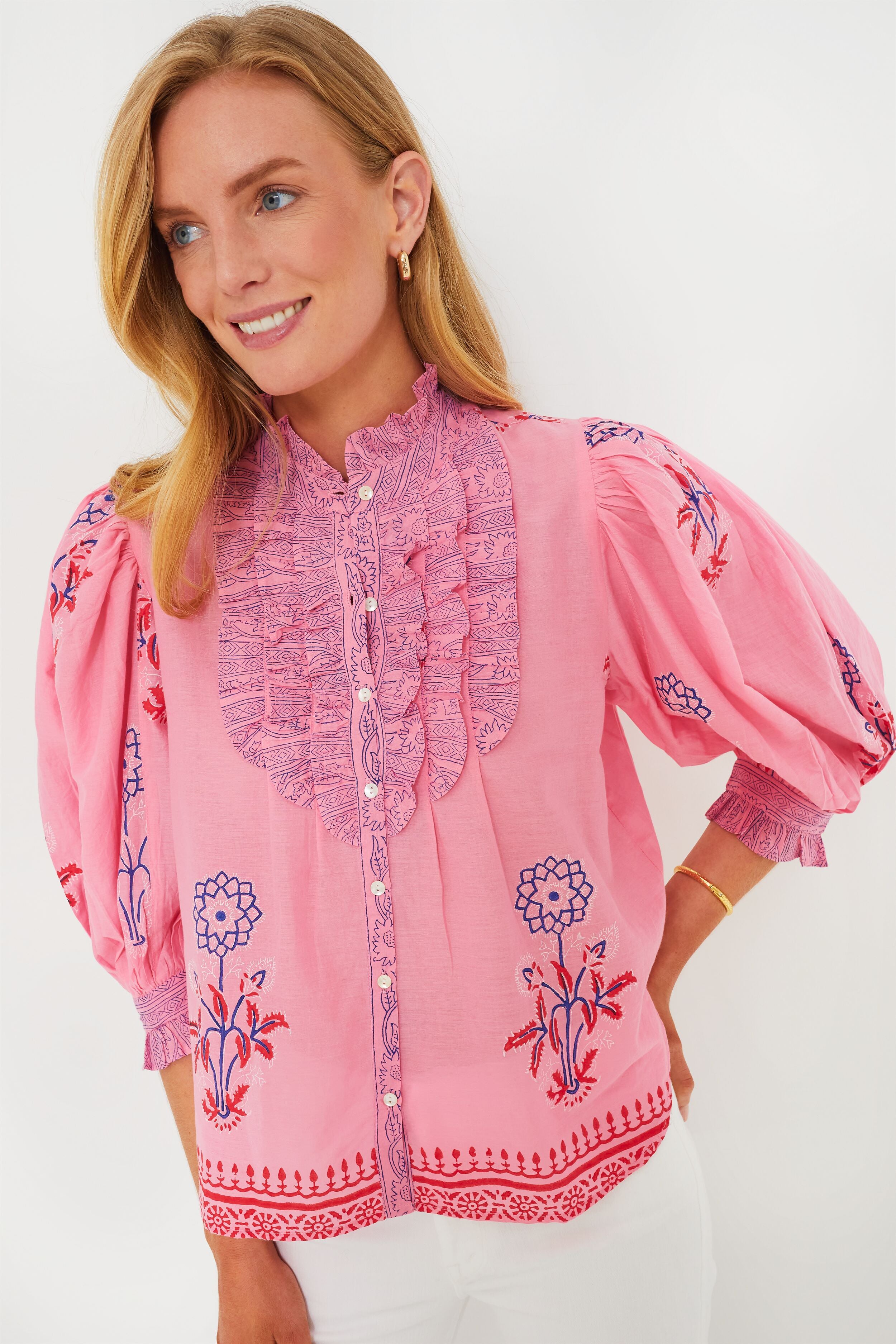 Boca Pink Ruffle Front Button Blouse | Oliphant