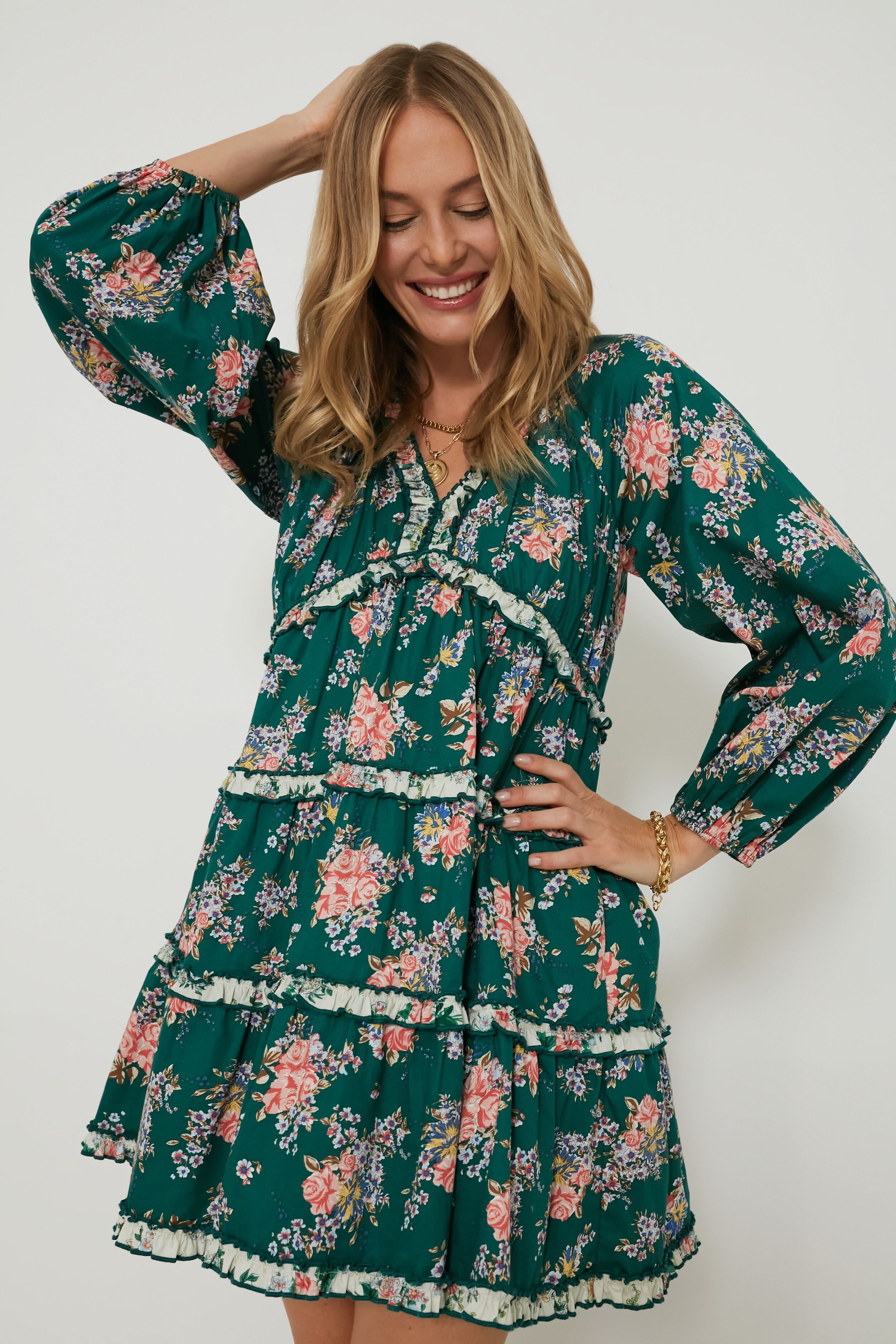 Green Floral Tiered Trina Mini Dress | Hyacinth House