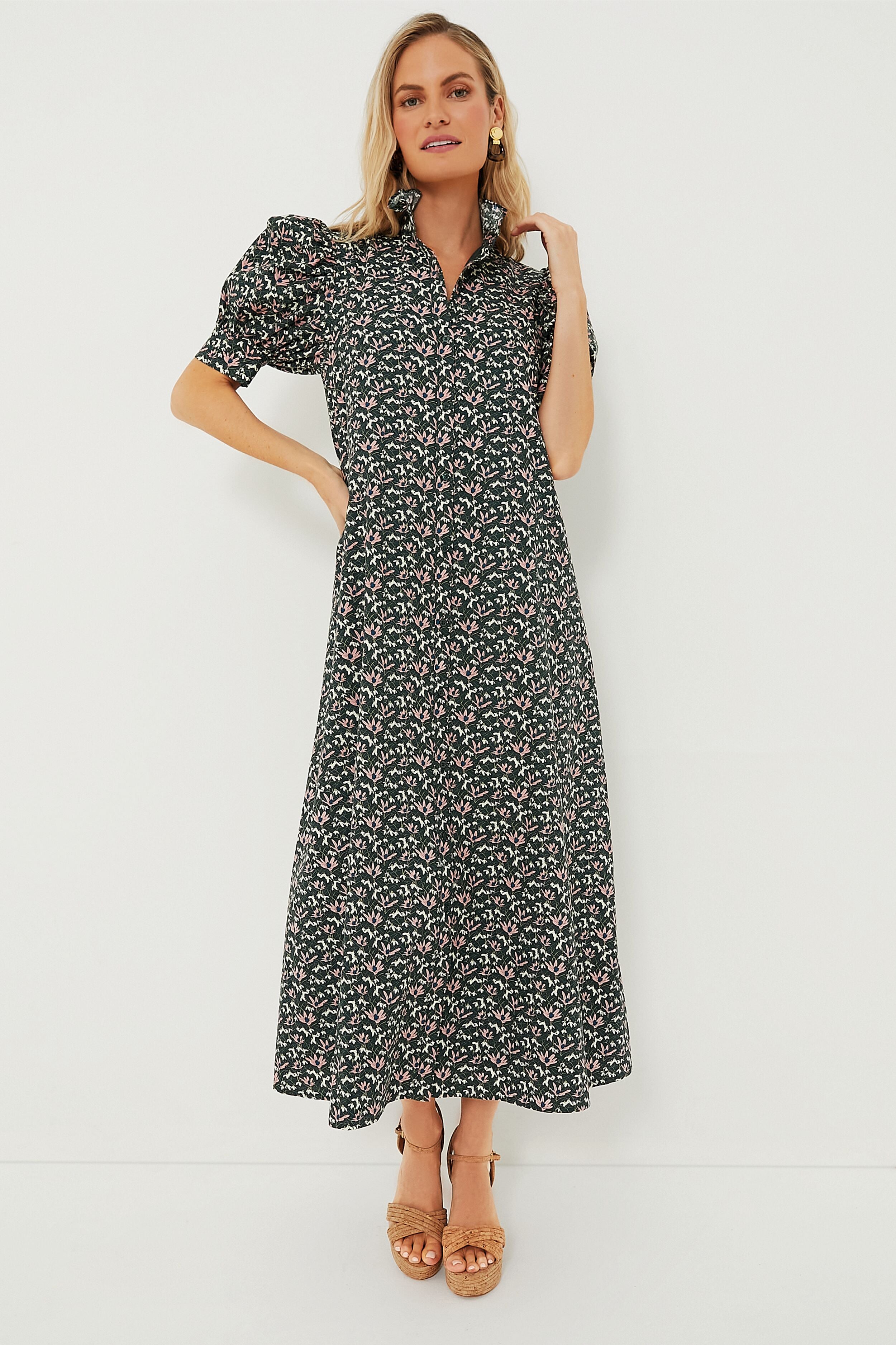 Green Floral Ruffle Collar Louisa Midi Dress | Hyacinth House