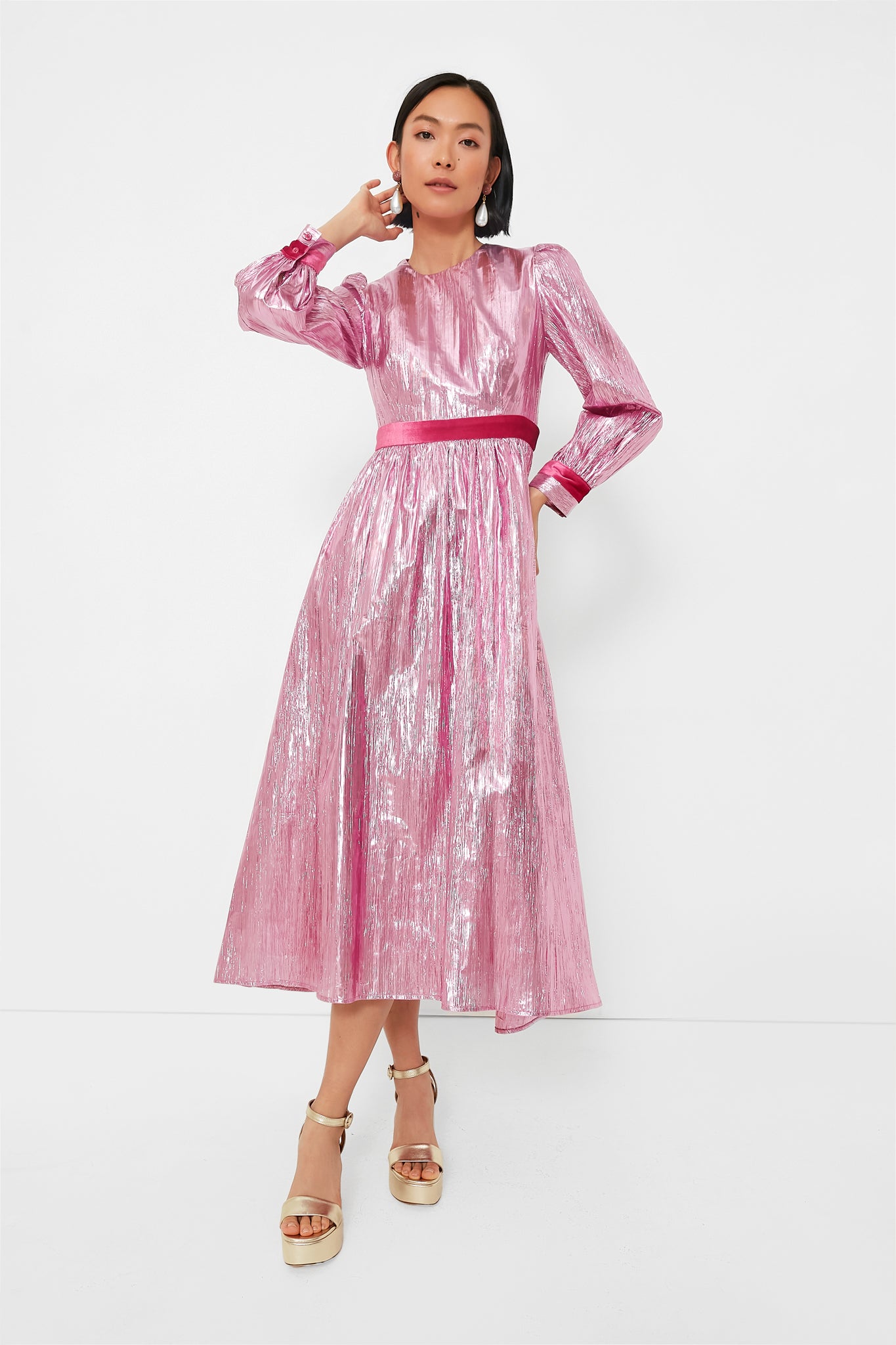 Pink Metallic Plisse Eloise Midi Dress | Hyacinth House