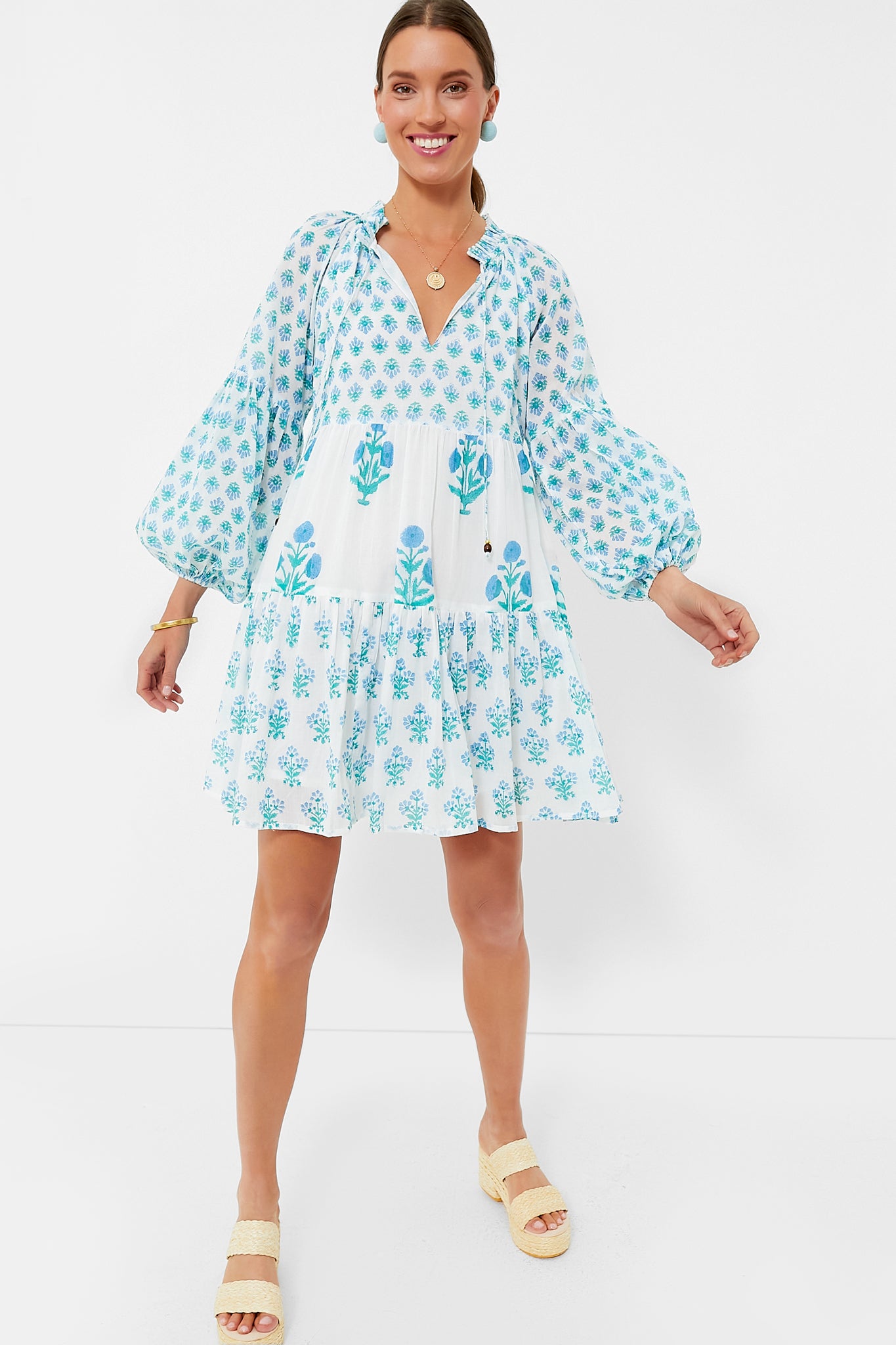 Exclusive Blue Floral Balloon Sleeve Short Mini Dress | Oliphant