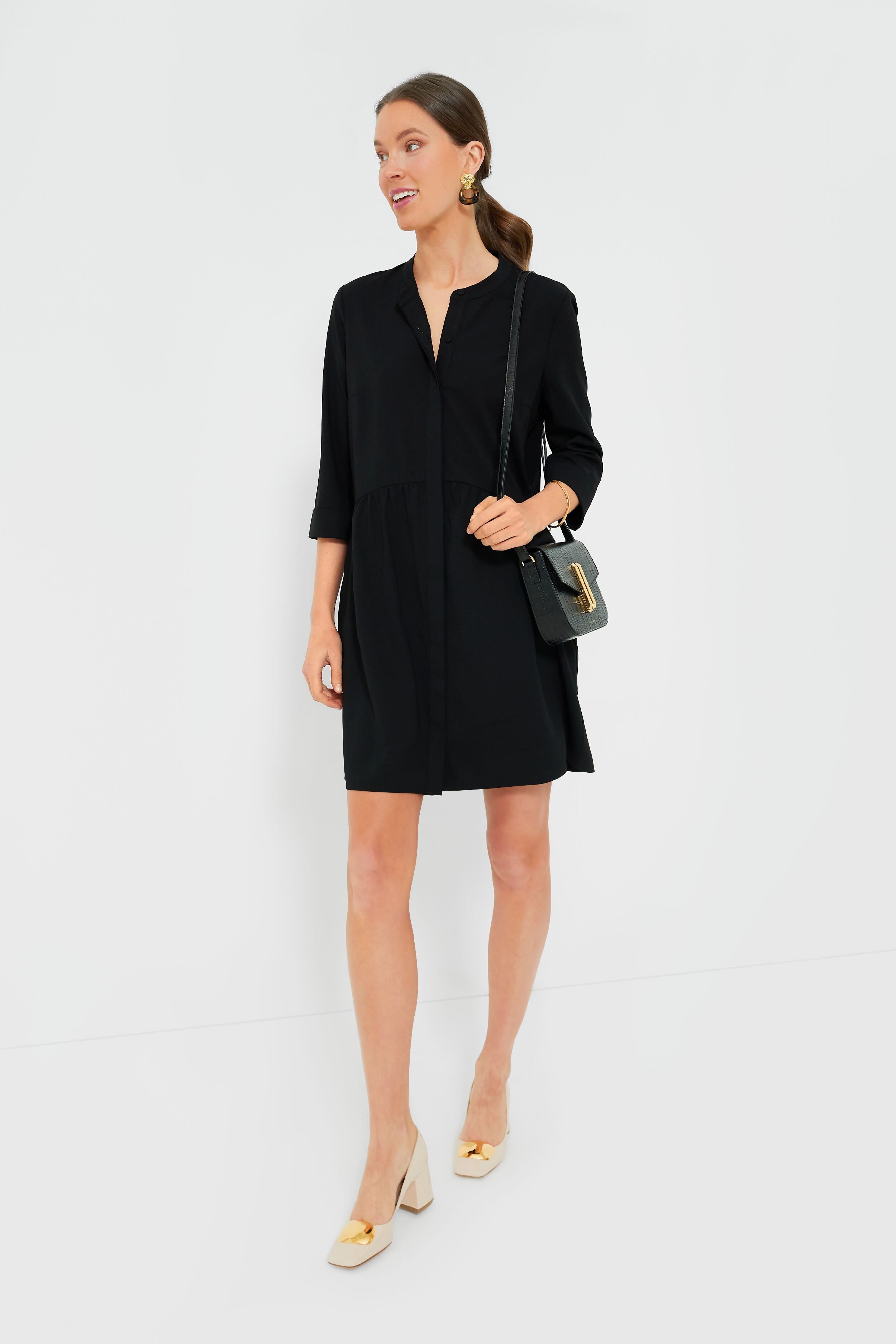 Black Stretch Crepe Royal Shirt Dress