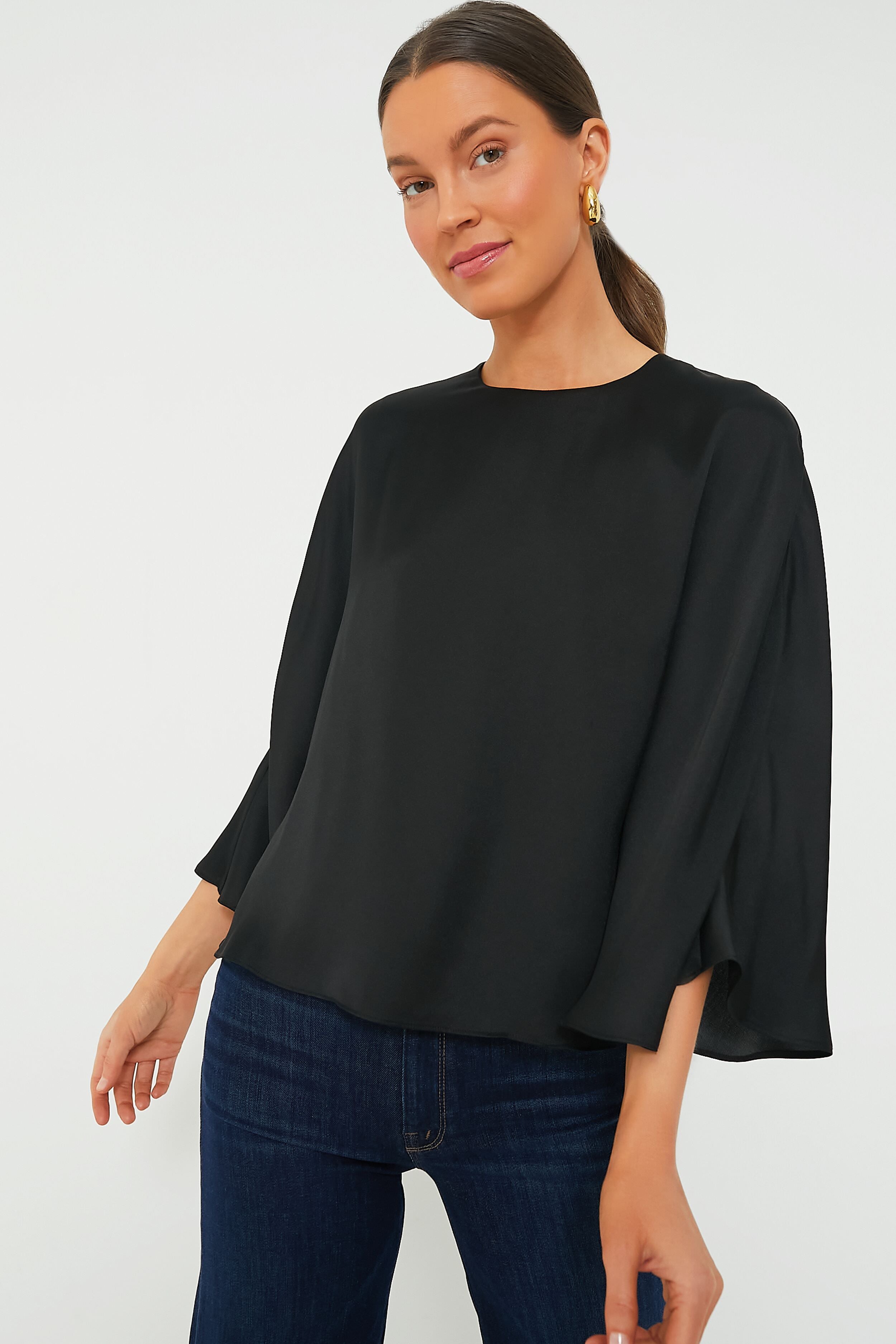 Black Satin Twill Selma Cape Blouse | Tuckernuck