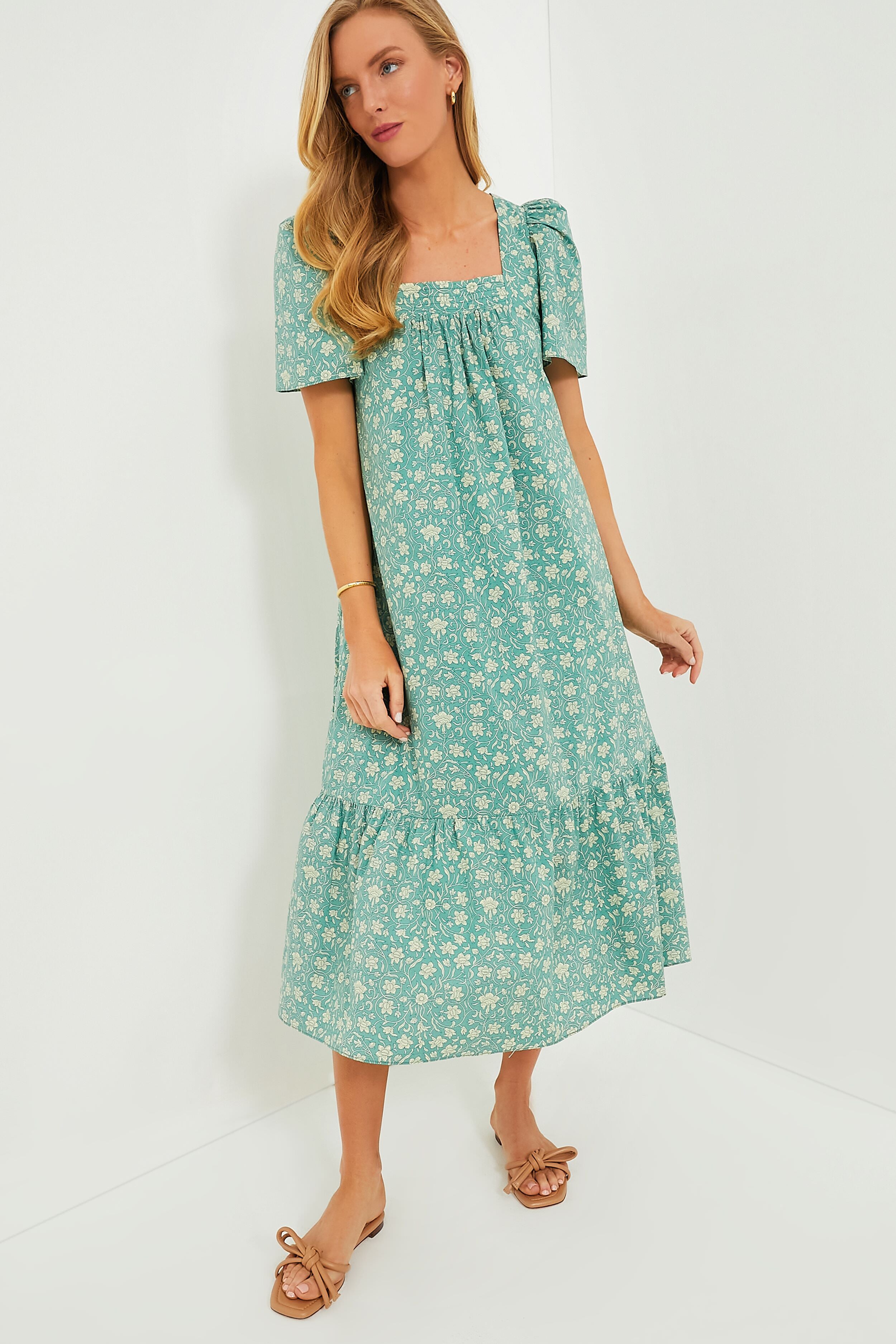 Sea Green Floral Square Neck Gracie Midi Dress | Hyacinth House