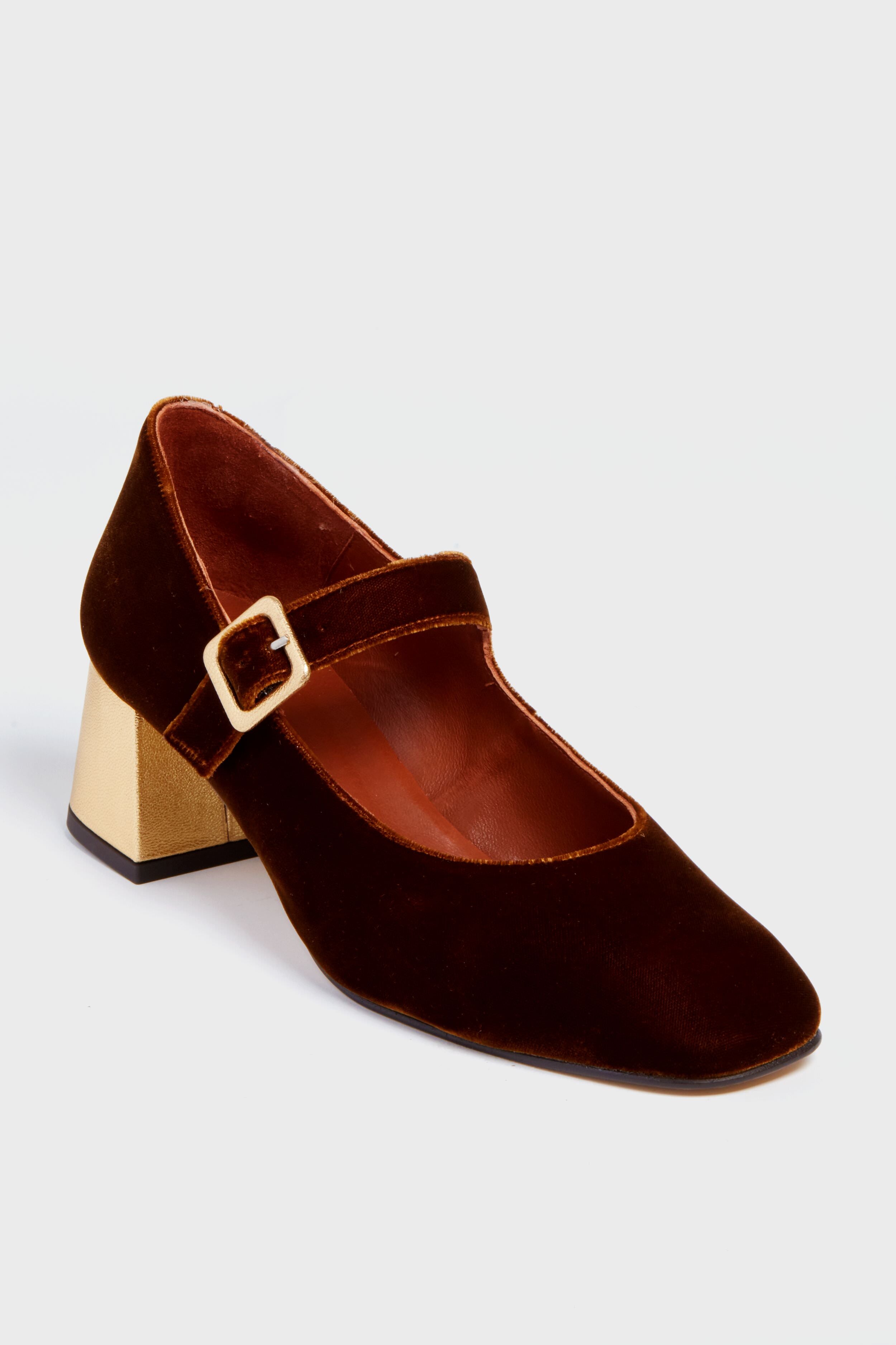 Honey and Gold Velvet Mid Mary Janes | Penelope Chilvers