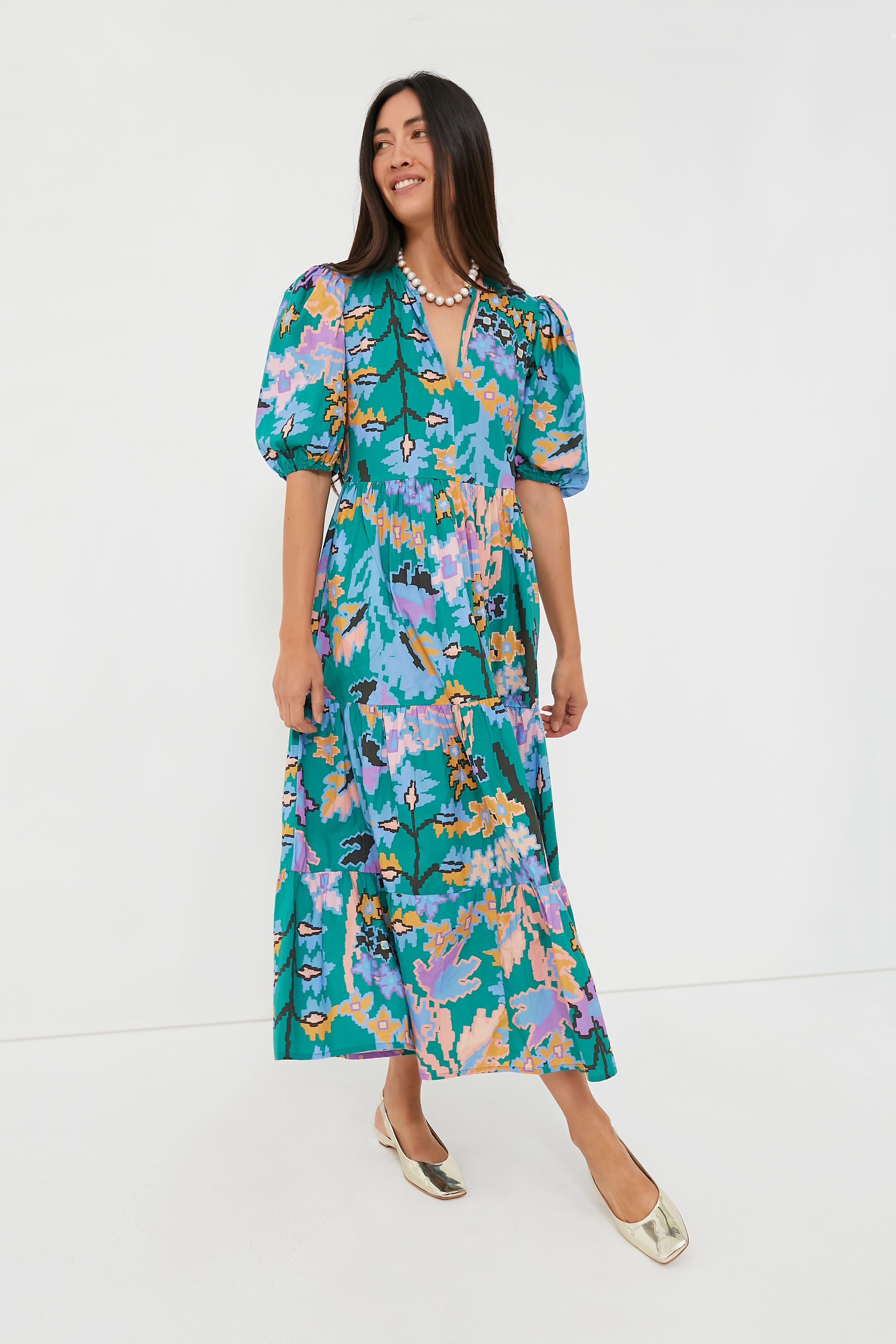 Green Bukhara Puff Sleeve Maxi Dress | Oliphant