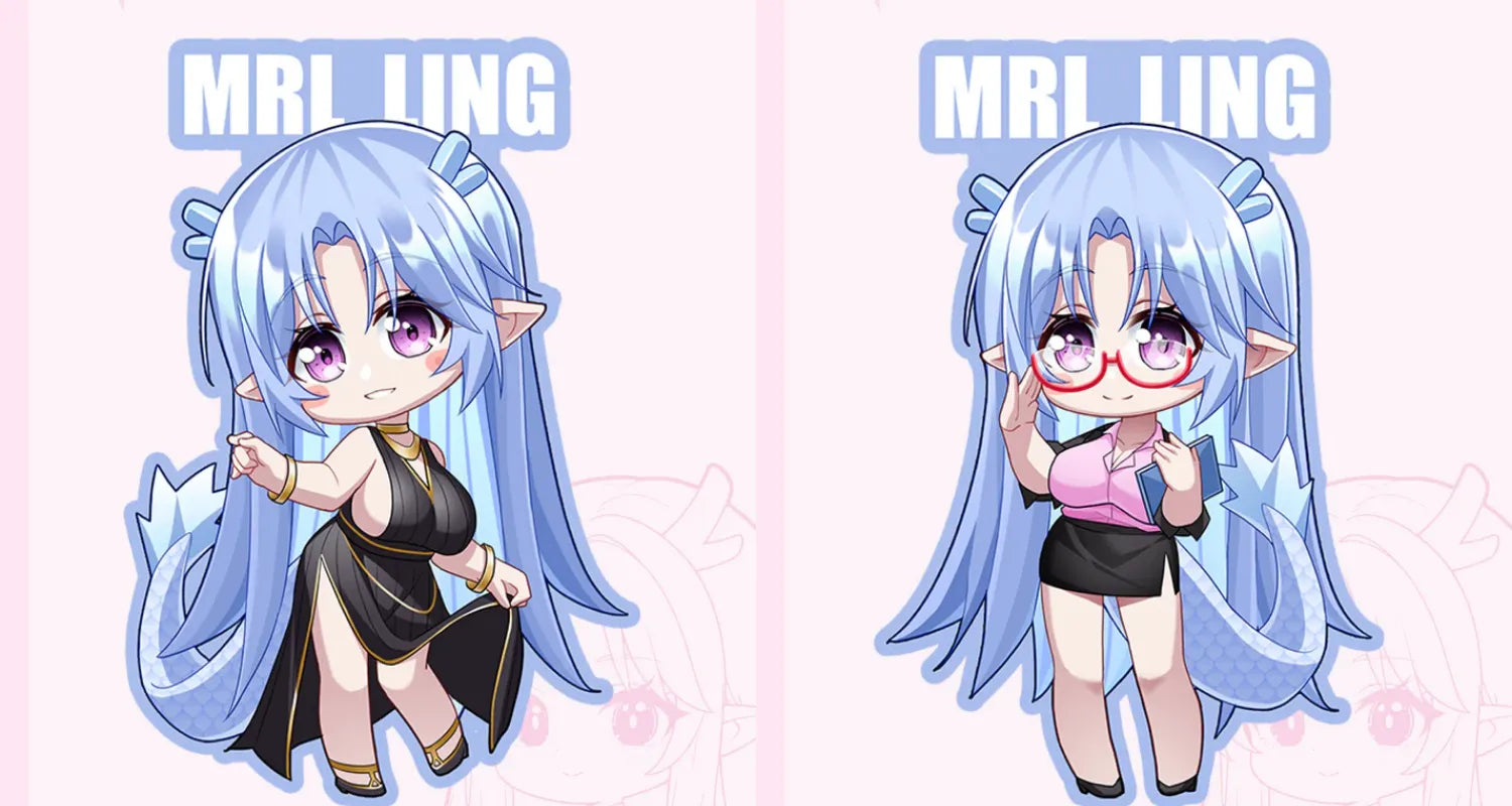 Two affordable chibi anime character sticker and magnet designs in different outfits for gift bundles.