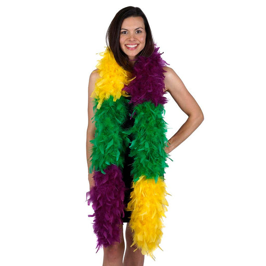 Mardi Gras Thick 120gm Chandelle Feather Boa-Purple Green Yellow Mix —  Trims and Beads