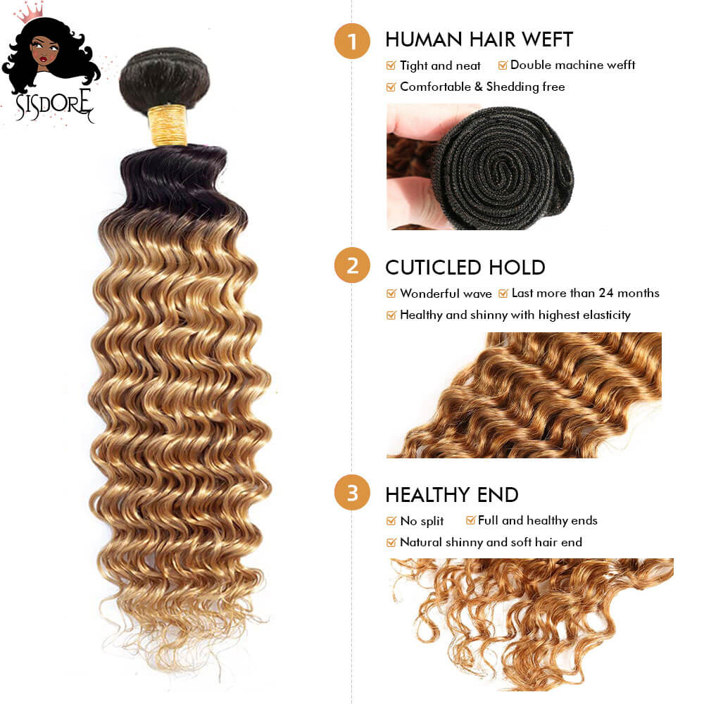 1b 27 deep wave 2 tone ombre virgin human hair bundles  with black roots