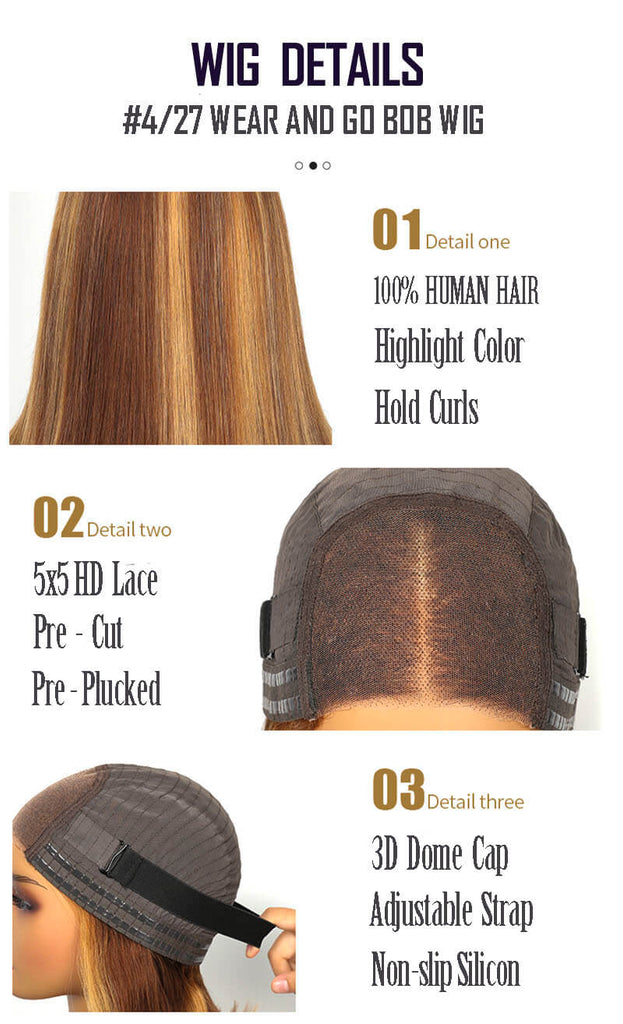 Wear and Go Glueless Wig Pre Cut 5*5 HD Lace Borwn Hair With Blonde Highlights Bob Wig 4 27