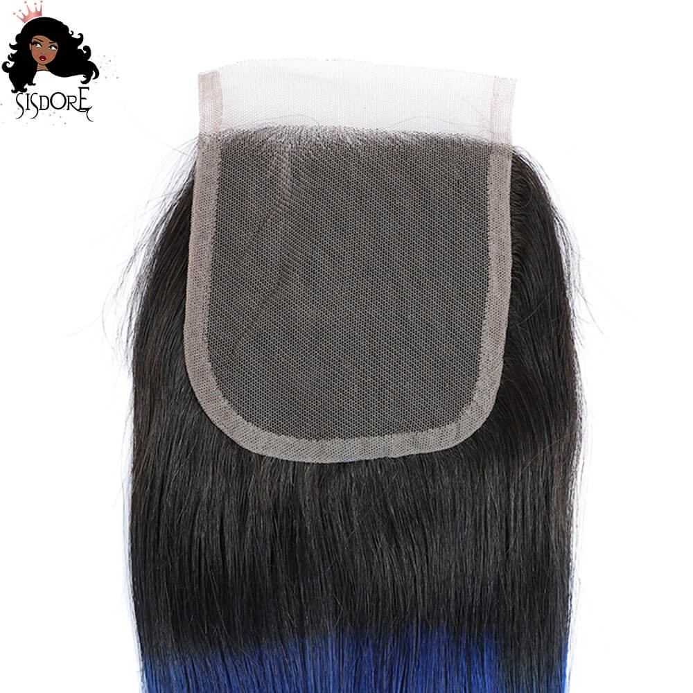 Cheveux ombrés noirs bleu foncé, fermeture en dentelle 4x4 lisse 1b bleu