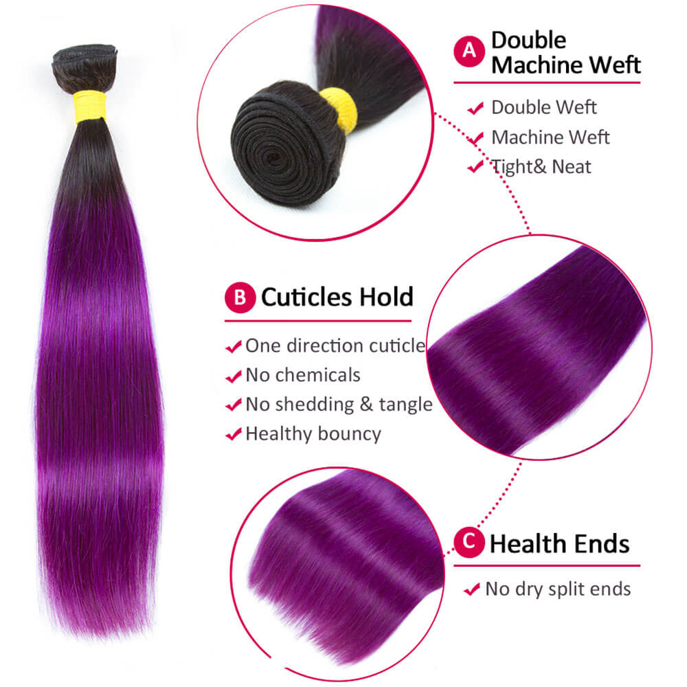 Purple Ombre Soft Straight Human Hair Bundles Black  Roots