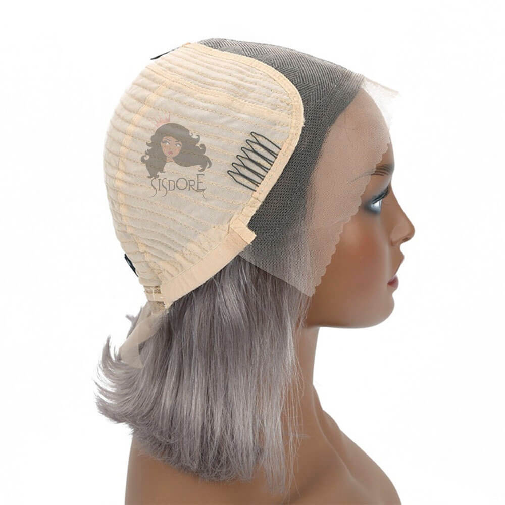 construction de bonnet de perruque avant en dentelle transparente gris argenté