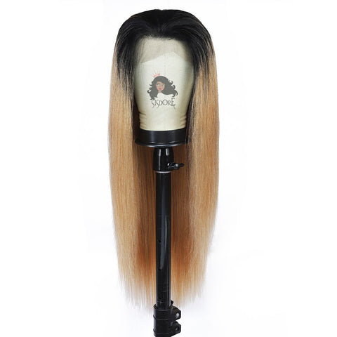 #1B/27 Strawberry Honey Blonde Ombre Human Hair Wigs With Black Roots