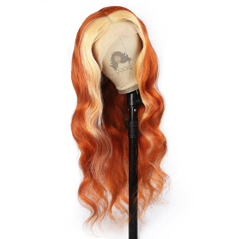 orange ginger with blonde highlight color body wave human hair wigs