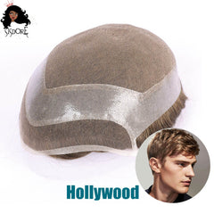 Peluquín Hollywood para hombres en línea, encaje suizo suave con base de piel de PU, prótesis capilar, pelucas de peluquín masculino realistas