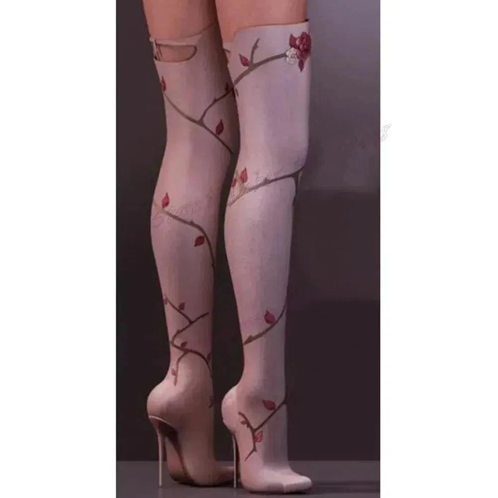 Flower Over The Knee Leather Boots - Fashionfitz