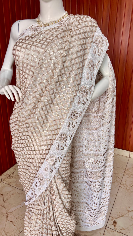 Ruhani Sage Green Chikankari Saree with Pearl Sequins and Resham Embro