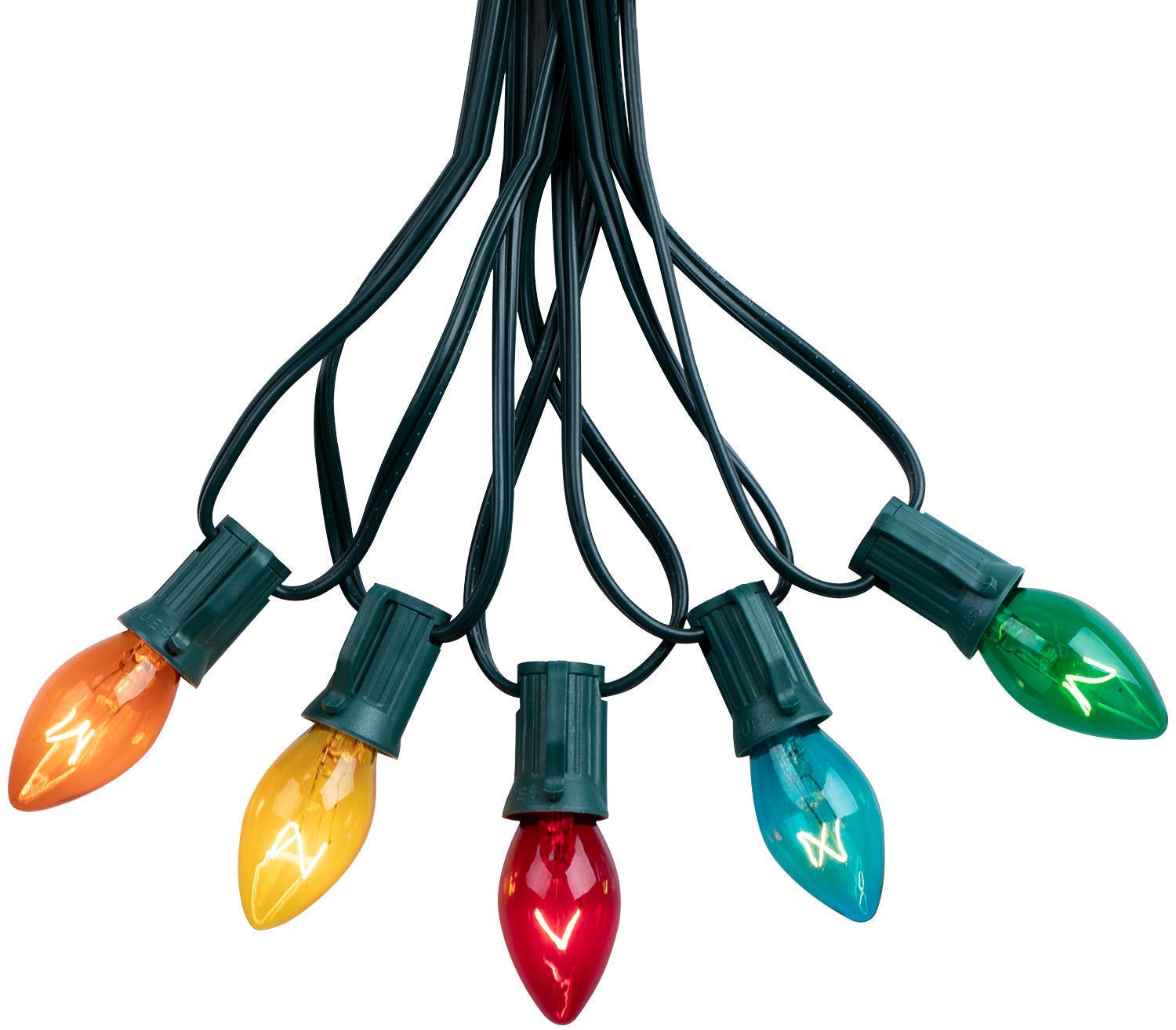 Christmas C7 Incandescent String Lights on Green Wire, E12 Sockets