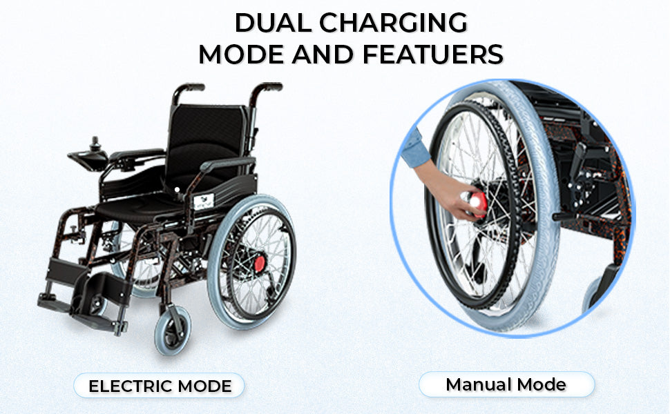 Electric wheelchair with dual charging mode, supports both electric and manual operation for versatile mobility options.