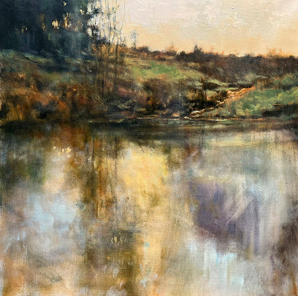 Landcape painting by Clint Bova showing a pond and the water source and the horizon beyond
