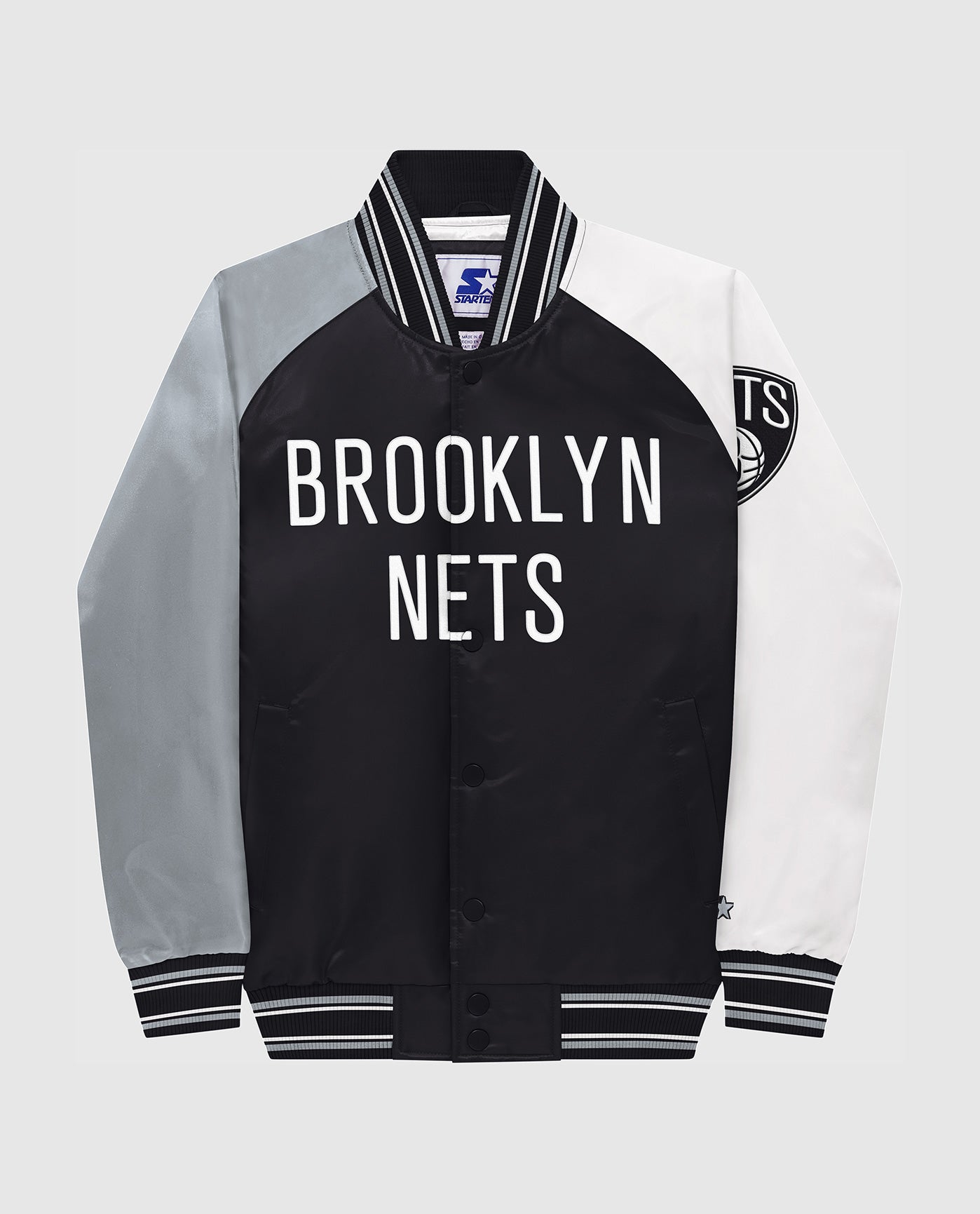 Men's Starter Black Brooklyn Nets Varsity Satin Full-Snap Jacket