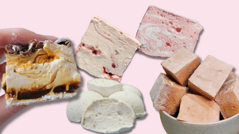 A range of Hella Mallow flavours on a light pink background