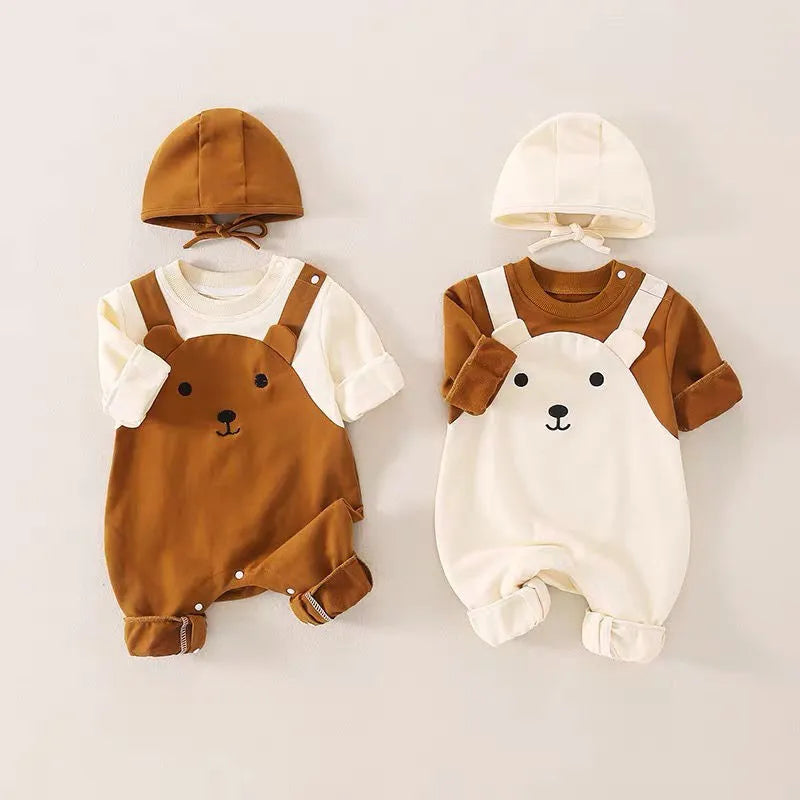 3-15M Spring Autumn Newborn Cartoon Clothes Baby Girl Boy Romper Infant Cute Bears Cotton Soft Infant Jumpsuit with Knit Cap