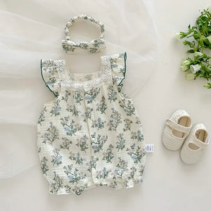 2023 New Summer Baby Rompers Toddler Sweet Green Floral Jumpsuit with Hairband Infant Outwear - Shopaak Store