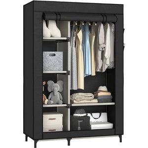 Buzowruil Canvas Wardrobe Portable Closet Wardrobe Clothes Storage with 6 Shelves and Hanging（Black/Black）optional - Shopaak Store