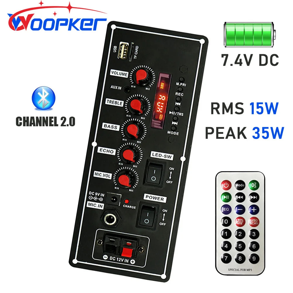 Woopker Amplifier Board 7.4V Battery Version Max 35W Channel 2.0 DIY AMP Module Support Bluetooth AUX U-Disk 4ohm Speaker