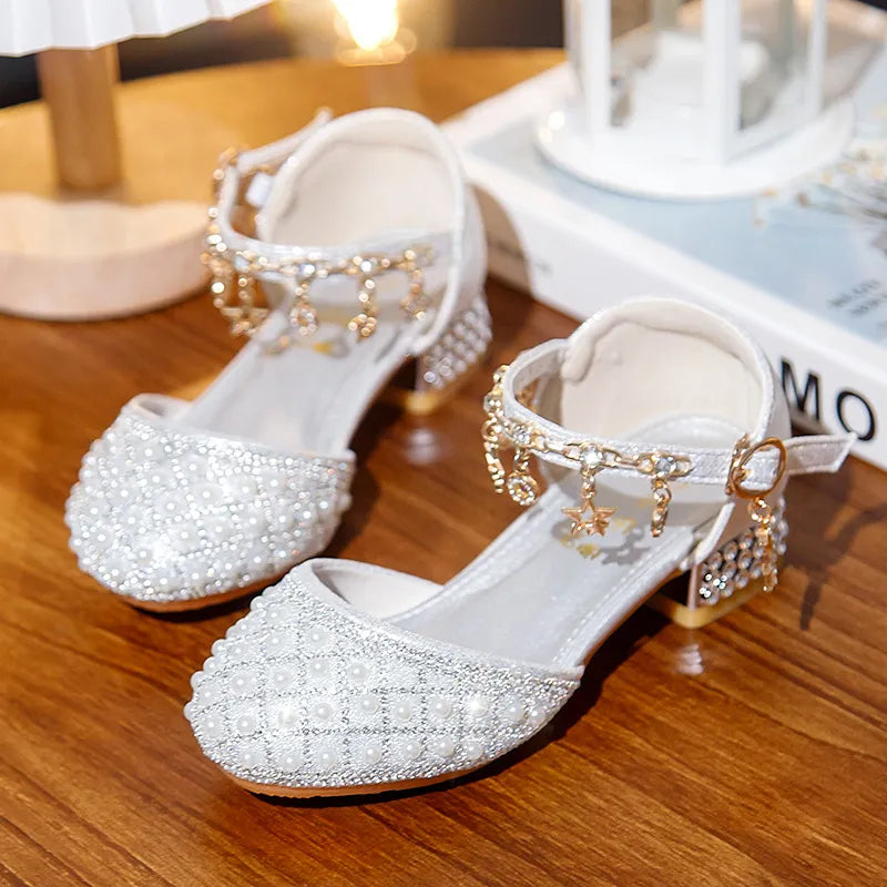 Rindu Girls' Princess Shoes Soft Sole Children's White Pearl Flower Children's Shoes Little Girls' Walk Show Crystal High Heels