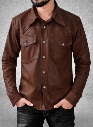 Men's Full Sleeve Chocolate Brown Leather Shirt