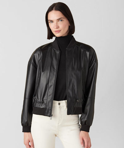 Women's Leather Bomber Jacket In Black