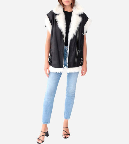 Women's Shearling Leather Biker Vest In Black