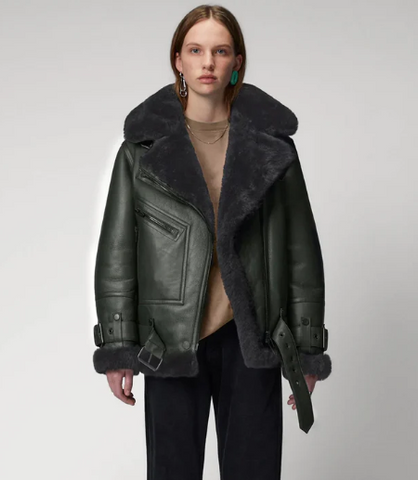 Women's Sheepskin Bomber Biker Leather Jacket In Khaki