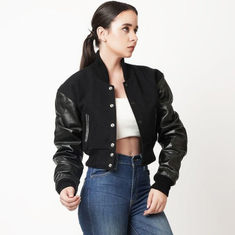 Cropped Black Varsity Jacket With White Top