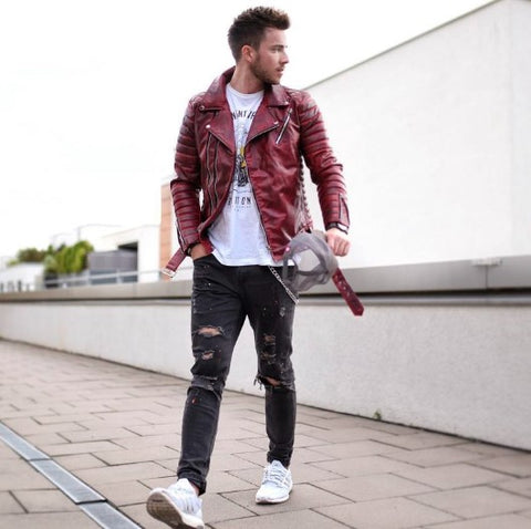 Burgundy Biker Leather Jacket with White Shirt & White Sneakers