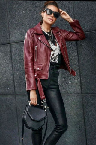 Maroon Leather Jacket with Black Printed Shirt & Black Leather Pant