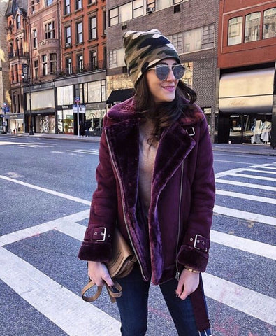 Maroon Shearling Leather Jacket with Blue Jeans