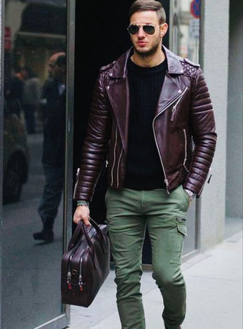 Burgundy Leather Jacket with Green Pant & Sunglasses