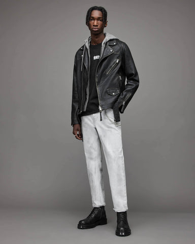 Men's Black Hooded Biker Leather Jacket with White Jeans and Black Shirt